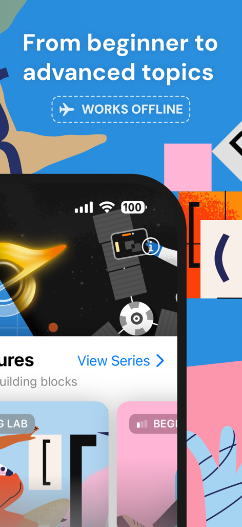 Learn to Code – Tinkerstellar - Tinkerstellar App-Oberfläche zeigt Offline-Python-Coding-Lektionen von Anfänger- bis Fortgeschrittenen-Themen
