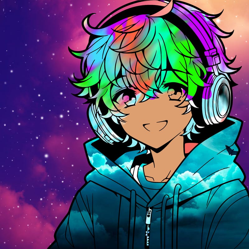 anime boy with headphones wearing a hoodie and curly hair smiling