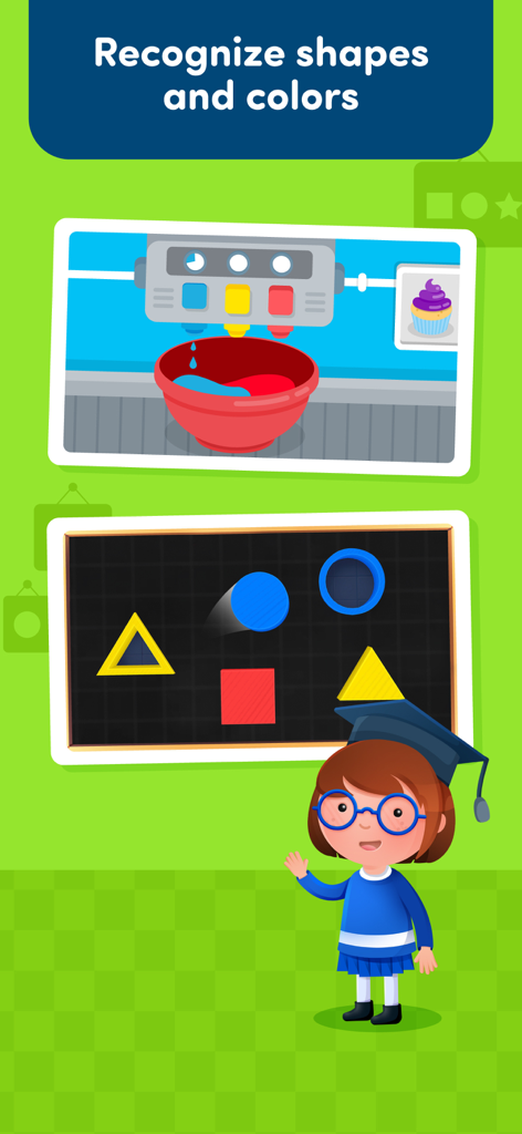 A digital classroom screen showing interactive activities for children to learn and recognize various shapes and colors