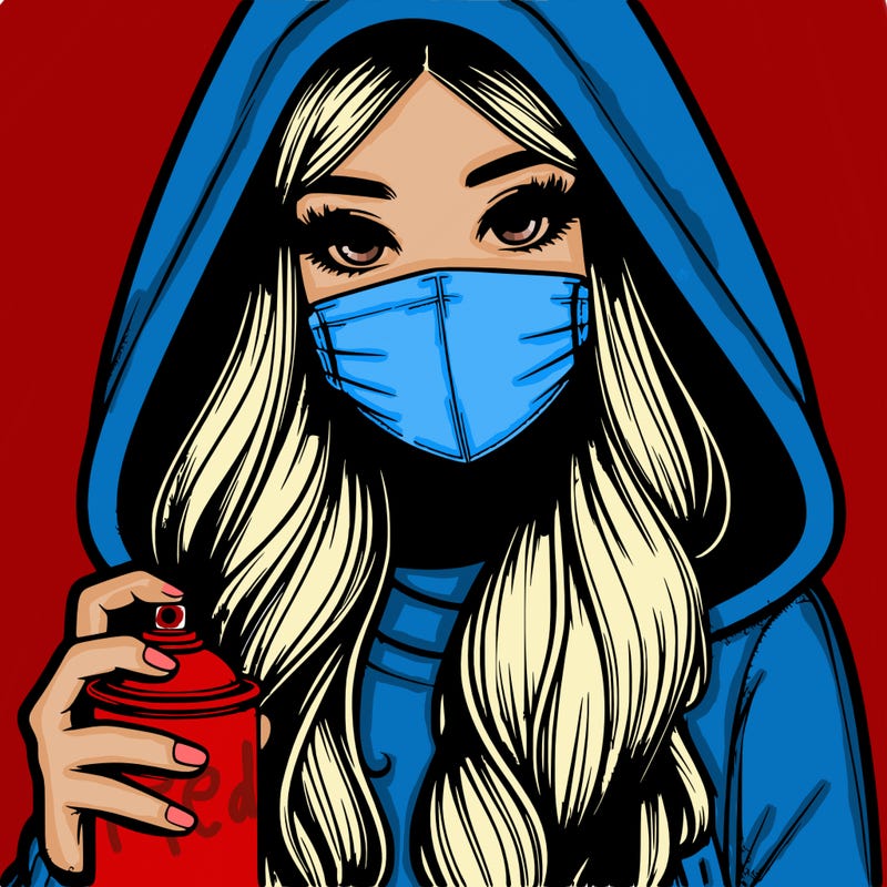 girl wearing a mask with long hair with her hood up spray-painting realistic