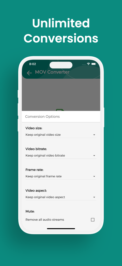 Interface mostrando opções de conversão de vídeo ilimitadas, incluindo tamanho, taxa de bits e taxa de quadros.