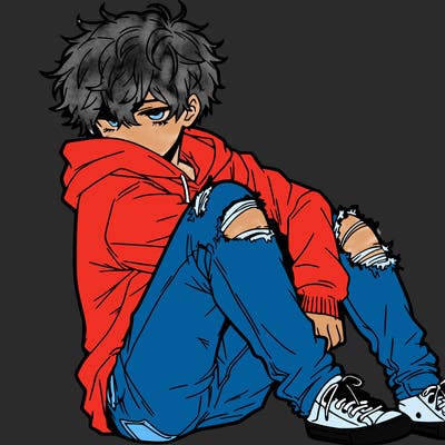a male hoddie ripped jeans messy hair anime