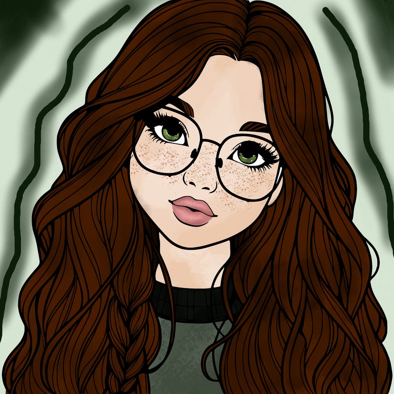 girl with long hair and freckles and glasses realistic
