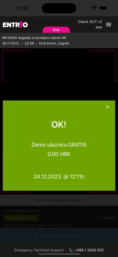 Successful ticket scan confirmation screen in the Entrio scan app