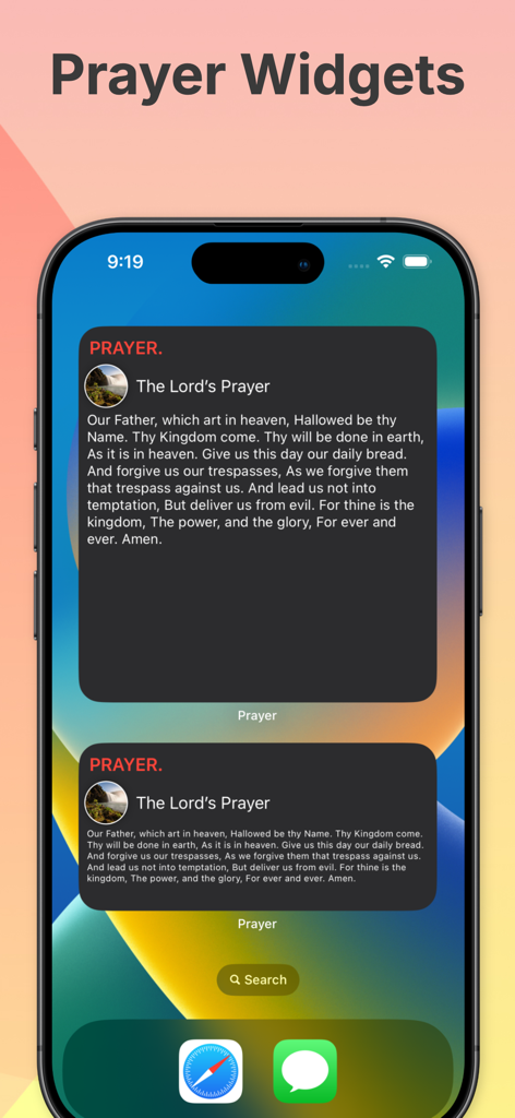 iPhone home screen with prayer widgets showing the Lords Prayer