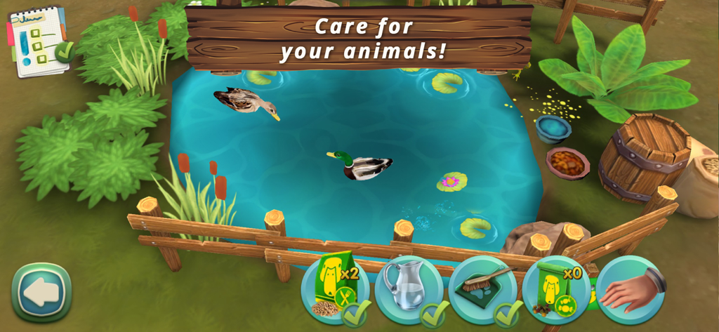 Uno screenshot del gameplay di anatre in uno stagno con icone per la cura degli animali in Pet World My Animal Hotel
