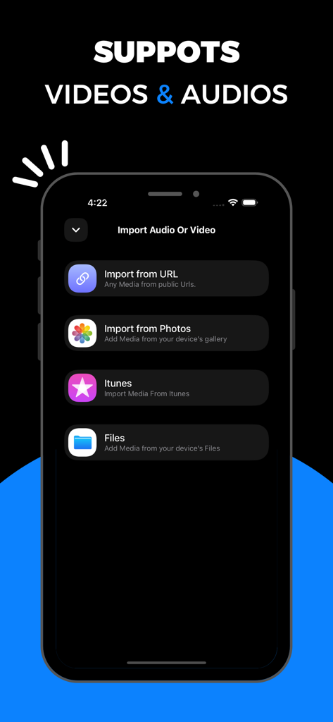 Music Remover Pro: AI Powered - A mobile interface showing options to import media from URL, Photos, iTunes, and Files.