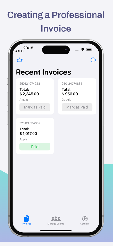 Aplicativo Criador de Faturas mostrando uma lista de faturas recentes com status de pagamento.