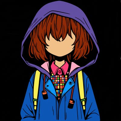 little anime girl in a raincoat her hair is covering her eyes she has a lighter