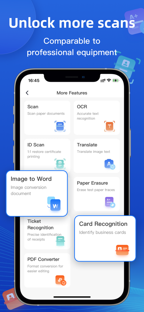Doc Scan：OCR and PDF Scanner - Interface showing features of Doc Scan app like OCR and document scanning
