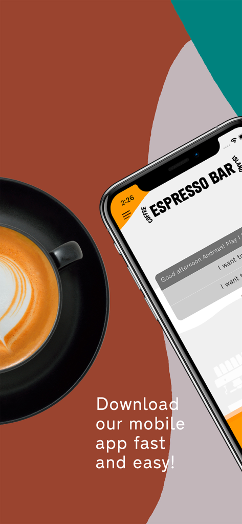 My Coffee Island - A smartphone showing the My Coffee Island app interface next to a cup of specialty coffee with latte art.