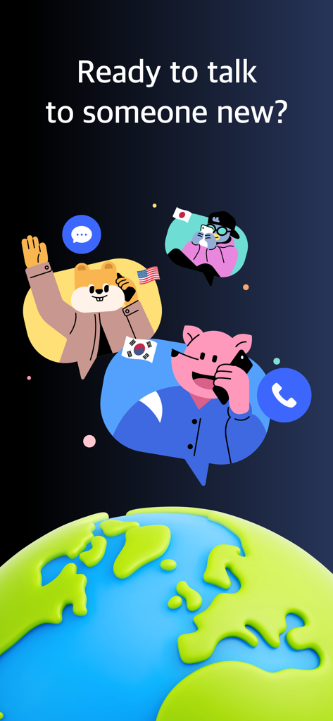 Connecting - Call and say hi - Cartoon characters making international voice calls over a globe illustration