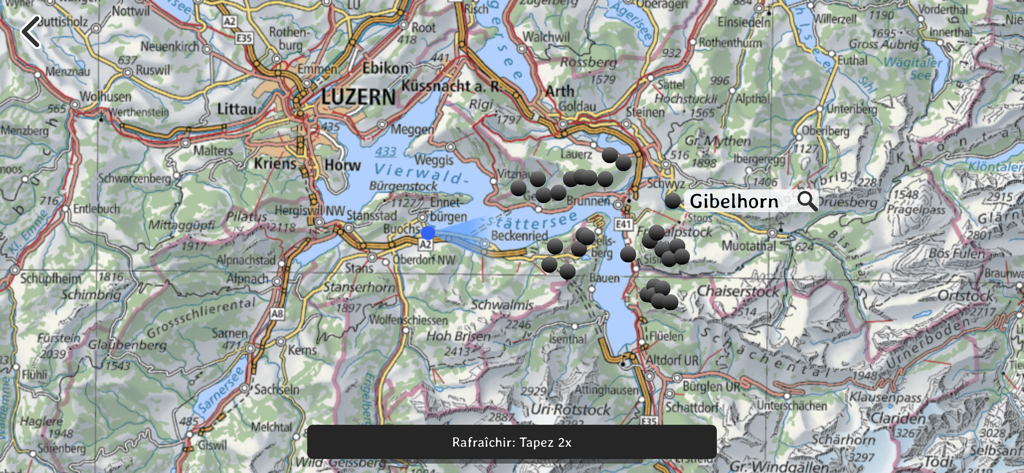 Swiss3D - Visão de mapa topográfico da região de Lucerna e montanhas circundantes no aplicativo Swiss3D