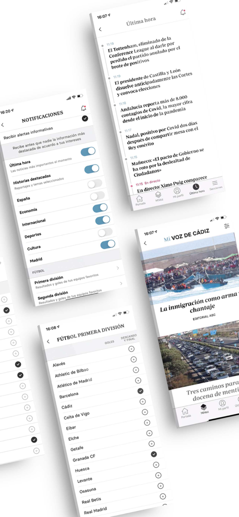 Capturas de pantalla de la interfaz de la aplicación móvil de noticias Diario La Voz de Cádiz mostrando feeds de noticias y alertas personalizadas