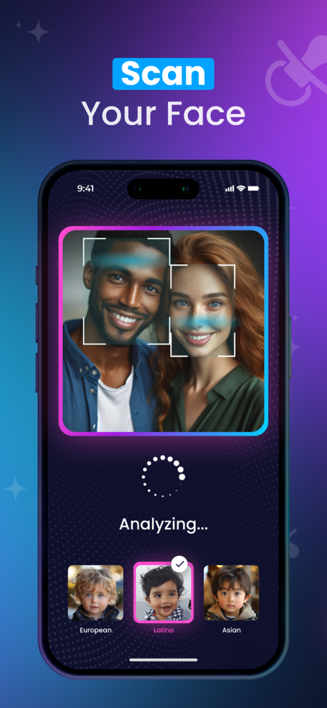 Baby Generator: AI Future Face - Interface of the Baby Generator app scanning a couple's photos to predict their future baby's appearance using AI.