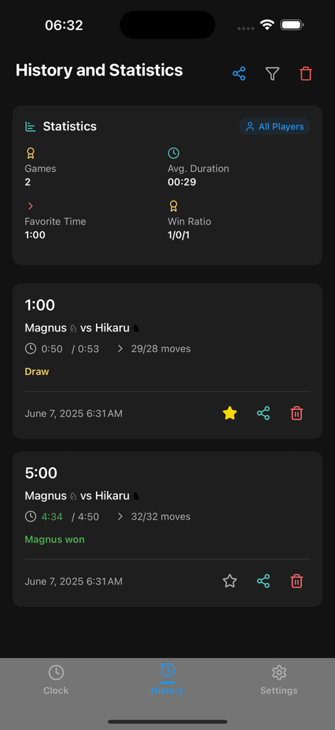 Grandmaster Chess Clock - Grandmaster Chess Clock app history and statistics screen showing match results and player win ratios in dark mode