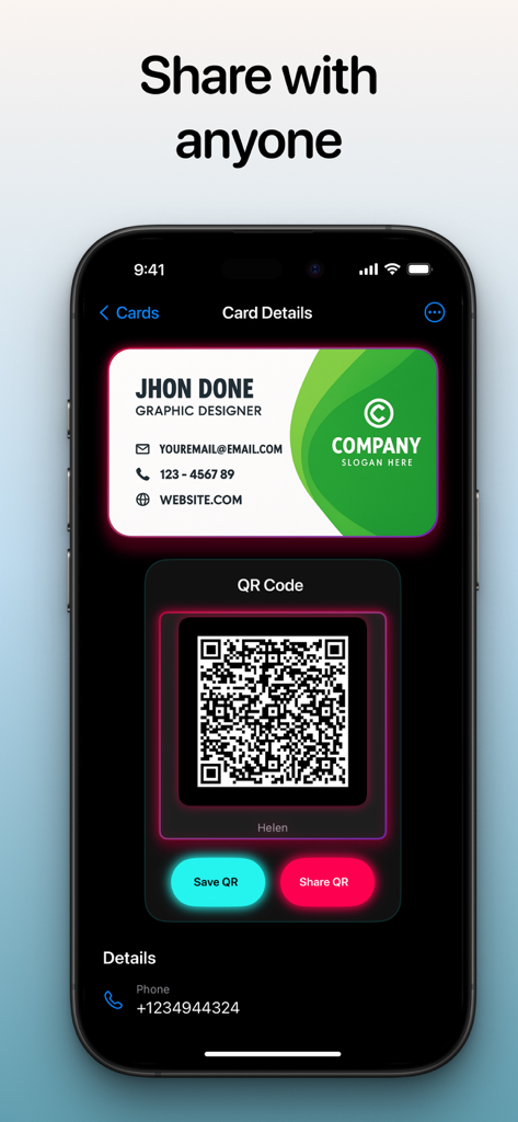 Digital business card preview on a smartphone featuring a QR code for easy contact sharing.