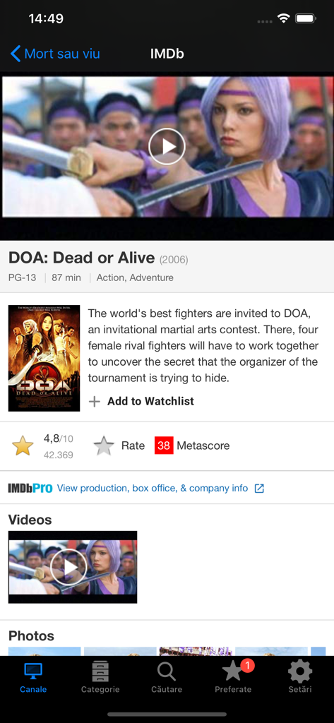 Captura de pantalla de la aplicación Horario de TV Rumana que muestra los detalles de la película DOA Dead or Alive con calificación IMDb y resumen de la trama