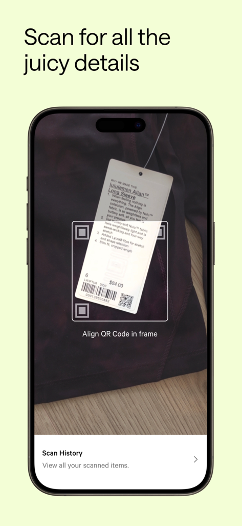 lululemon - iPhone screen showing the lululemon app QR code scanner feature being used on a product tag for technical details.