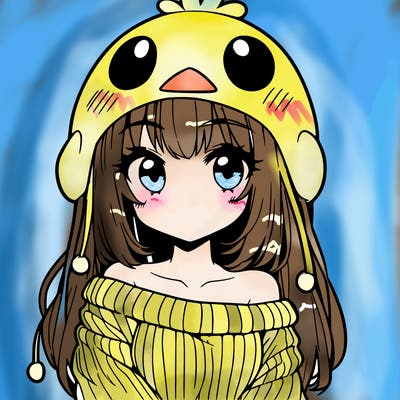 anime girl with chick shaped hat with sweater with bare shoulders with bangs covering them one eye with low tail