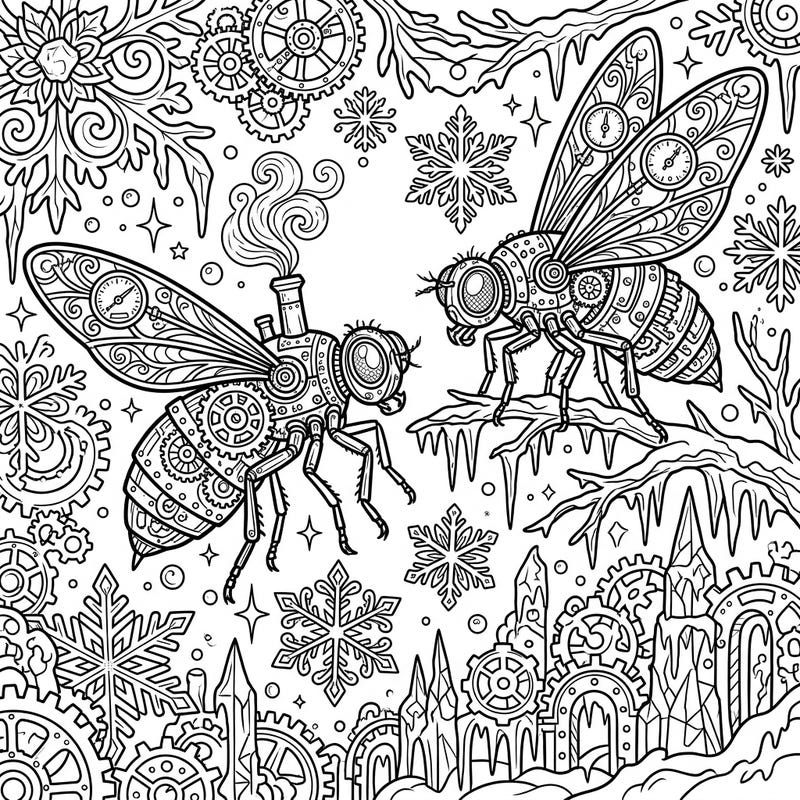 Discover a truly unique coloring experience with these intricate steampunk flies set against a magical winter wonderland. Unleash your creativity as you bring to life gears, frosty details, and whimsical mechanical insects.