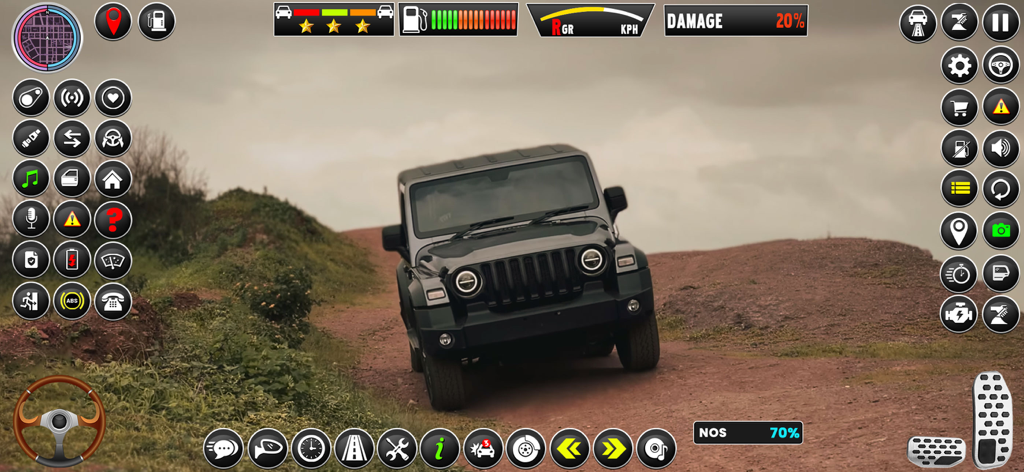 Offroad Jeep Driving Challange - Jugabilidad de Desafío de Conducción de Jeeps Todoterreno mostrando un SUV 4x4 en una pista de tierra con controles en pantalla