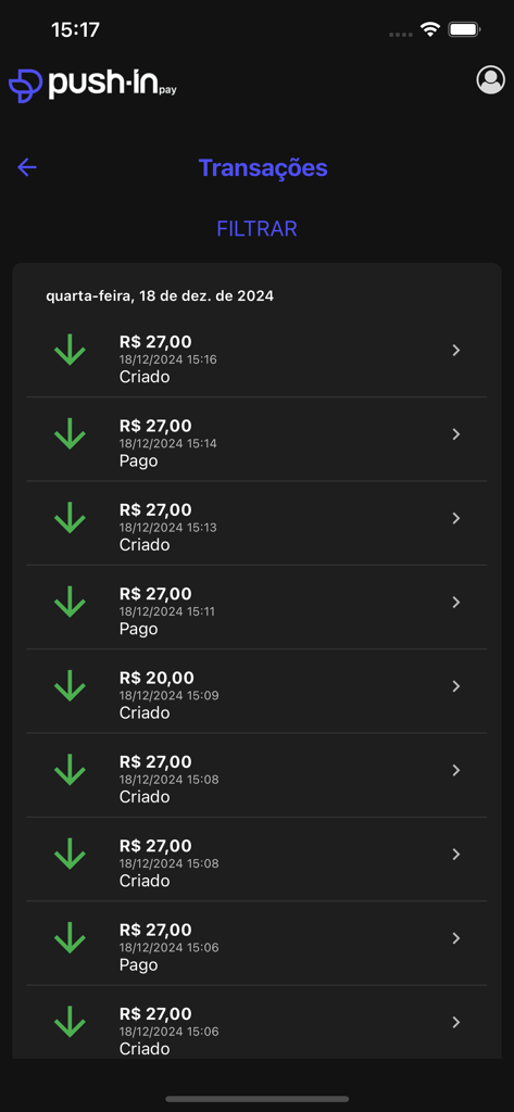 PushinPay - PushinPay mobile app transaction history screen showing payment details and statuses.