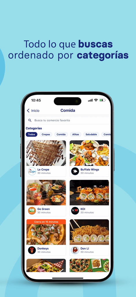 Weris App mobile interface showing food categories and local restaurant listings for delivery.