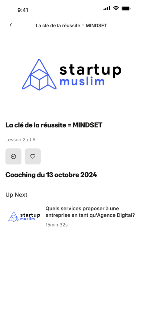 Startup Muslim app interface showing a business coaching lesson titled mindset in French