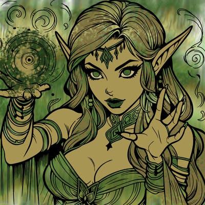 realistic scary beautiful elf sorceress casting spell