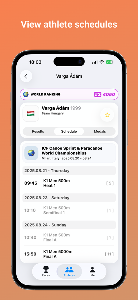 Kajakapp - A smartphone display showing the competition schedule for a professional canoe athlete within the Kajakapp mobile interface.