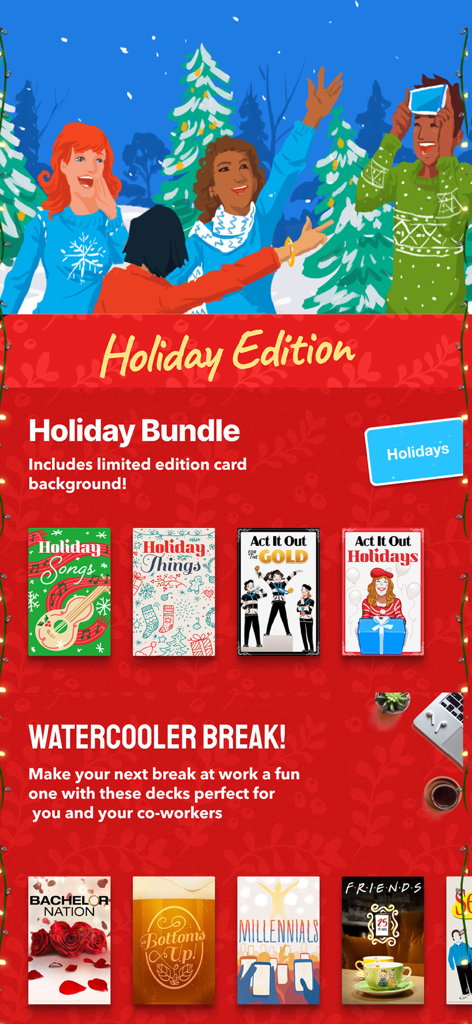 Heads Up! - Interfaz de la aplicación ¡Atención! que muestra categorías de mazos de juegos de edición navideña y pausa para el café