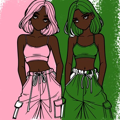 two girls with crop top with baggy pants