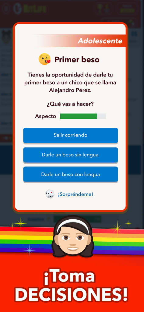 Captura de tela de BitLife Português mostrando opções interativas para o primeiro beijo de um personagem