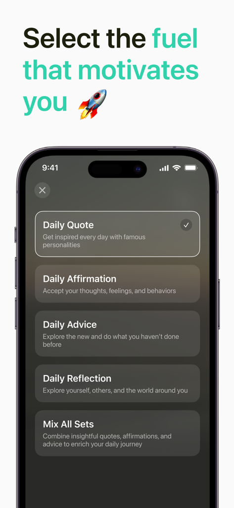 Bildschirm mit Optionen zur Auswahl täglicher Zitate, Affirmationen und Ratschläge in der Clean Day App.