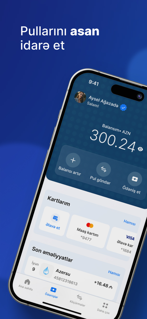 Hesab.az – Digital Wallet - アカウント残高カードと最近の取引が表示されたHesab.azアプリのダッシュボード