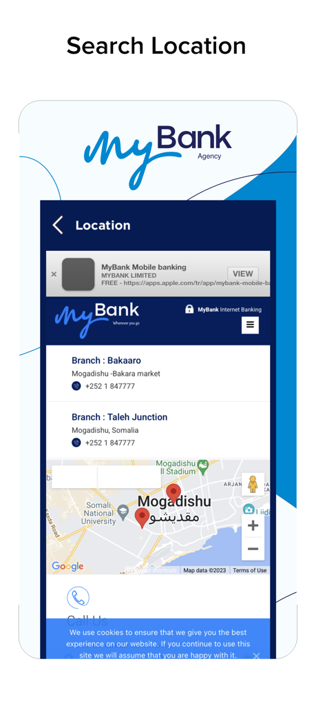 MyBank Agency mobile app interface for searching branch locations on a map
