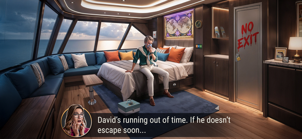 Rooms & Exits: Puzzle escape - Un hombre atrapado en la cabina de un lujoso barco con una puerta cerrada en el juego de puzzles Rooms and Exits.