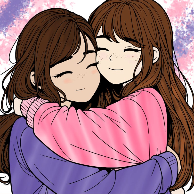 realistic two girls hugging