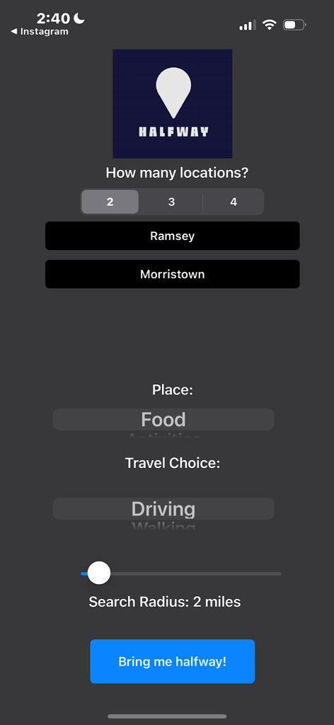 Screenshot of the Halfway Finder app showing meetup planning between Ramsey and Morristown with options for food and driving