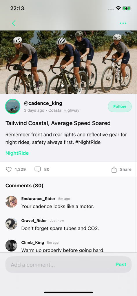 Yeka - A social feed post on the Yeka app showing a group of cyclists on a road with community comments
