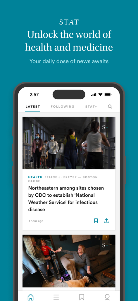 STAT News mobile app interface showing health and medicine news articles
