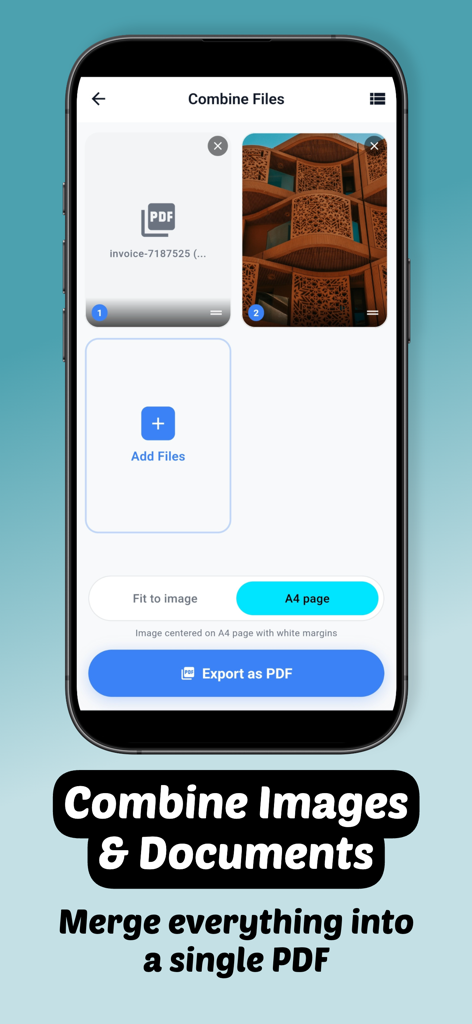 Convert to PDF - Image & Docx - Mobile app interface showing how to combine a PDF document and an image into a single A4 PDF file