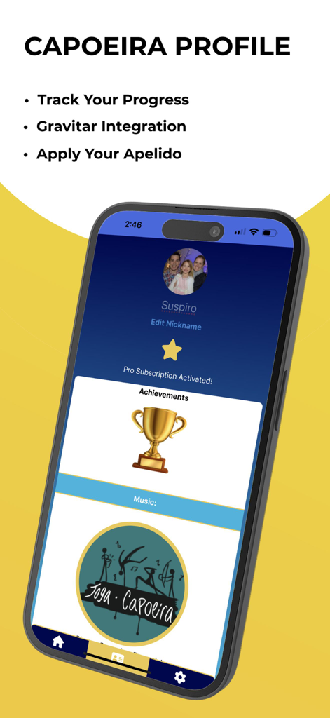 Capoeira Journal - Mobile app screen showing the Capoeira Profile page with options to track progress and view achievements.
