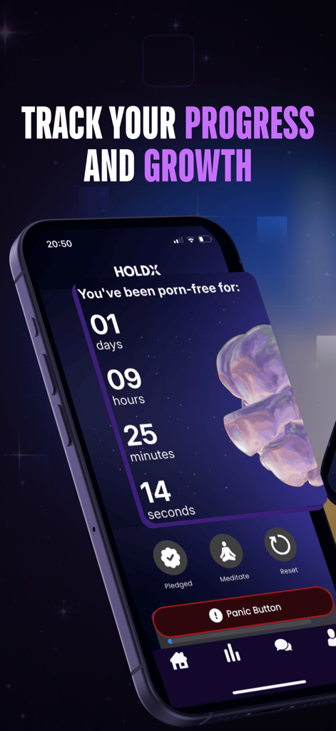 HoldX - Stop Porn Forever - HoldX app showing a countdown timer for days spent porn-free with progress tracking and meditation features.