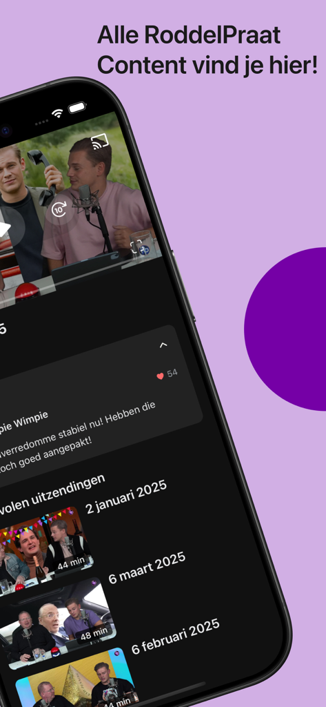 Interface of the RoddelPraat Extra app featuring a video list and media player
