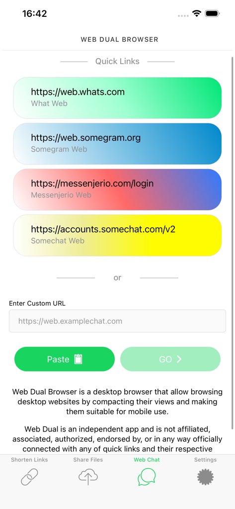 Web dual browser interface with quick links for various messaging platforms