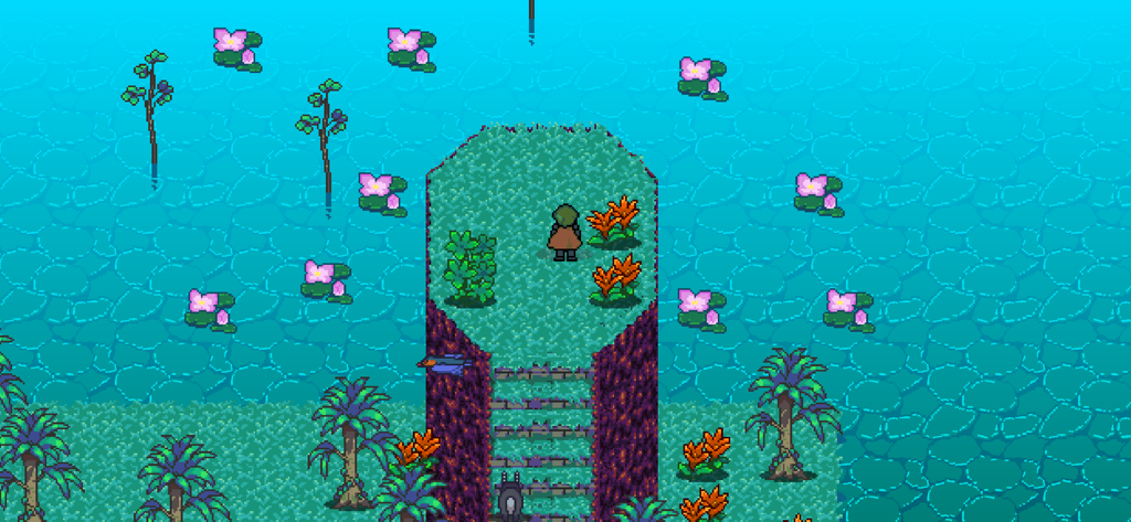 Labyrinth Legend - A pixel art character standing on a green platform surrounded by water and pink lilies in Labyrinth Legend