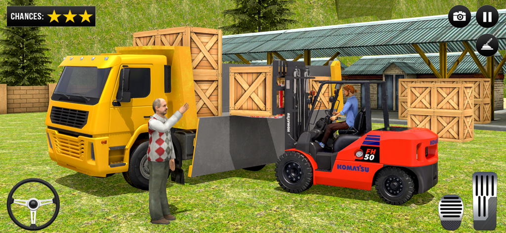 A red forklift loading a wooden crate onto a yellow truck in a warehouse simulation game.