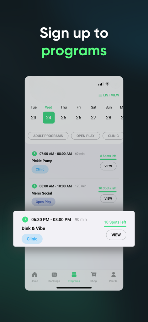 Mobile app screen showing a calendar and list of racquet sports programs and clinics available for booking.